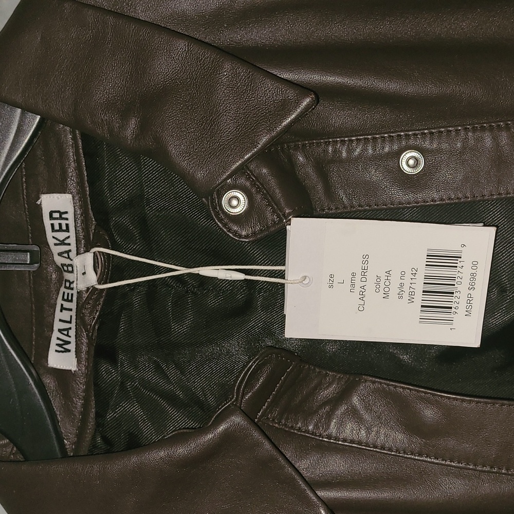 Walter Baker mocha brown lambskin leather button up shirt dress tie belt NWT L